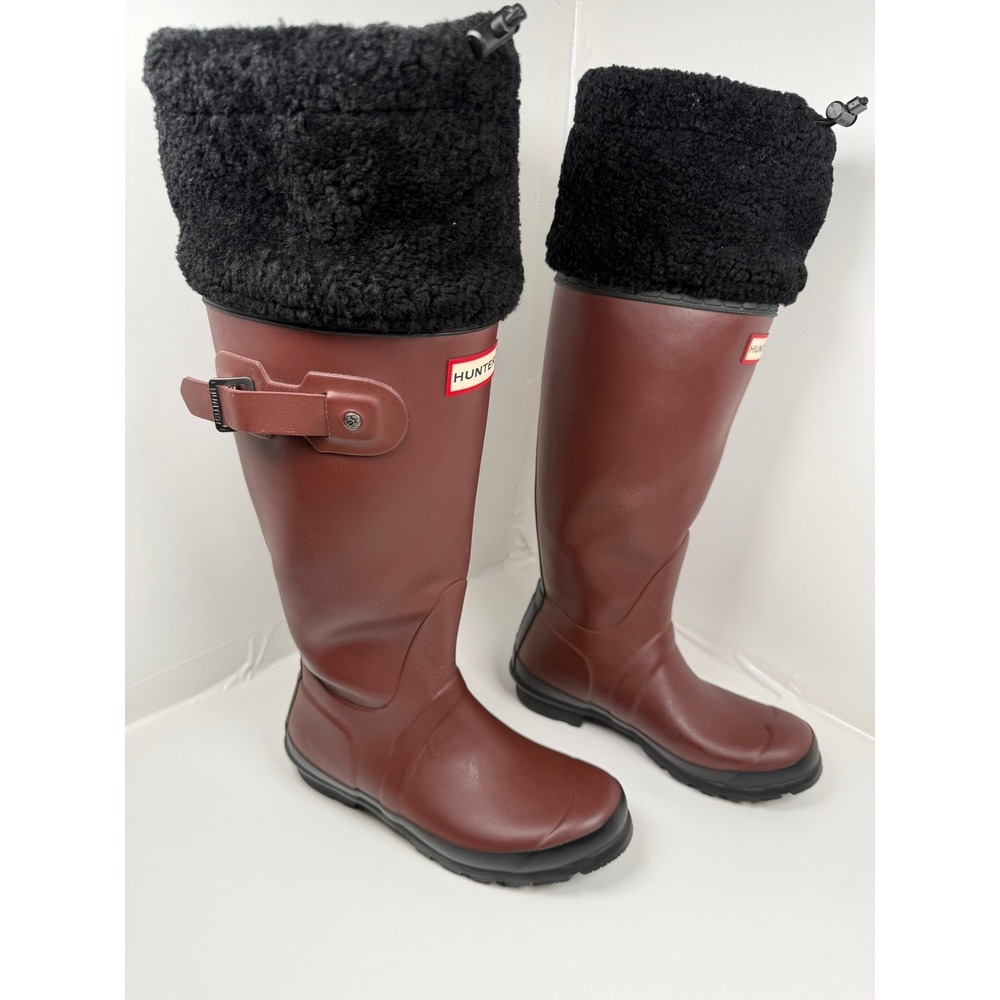 Hunter Rain Boots Women Size 5 Burgundy Tall Shearling Cuff Buckle Waterproof - Picture 2 of 6